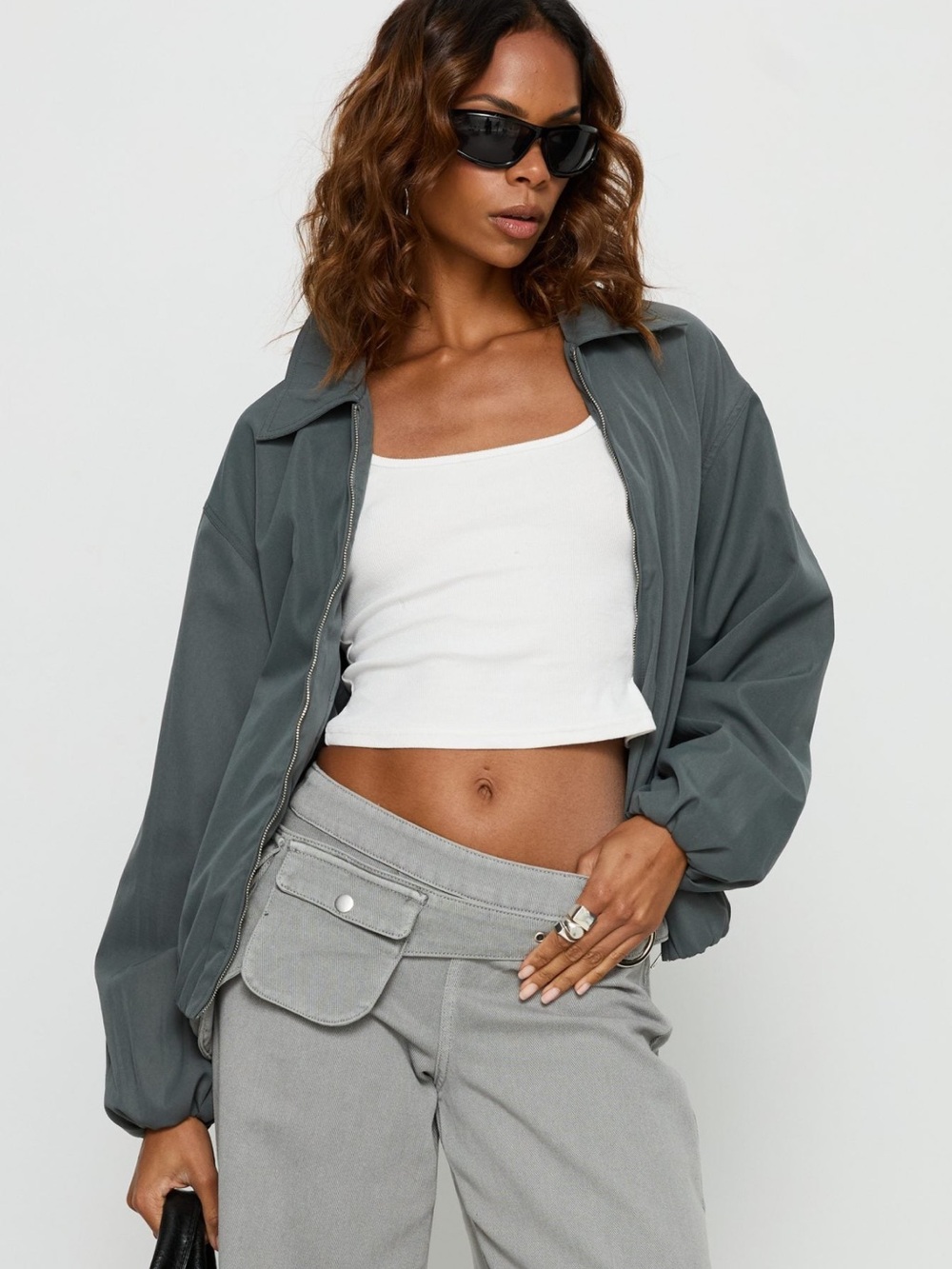 Princess Polly Relaxed Zip Bomber Jacket in Slate